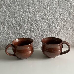 𝅺handmade Wheel Thrown Pottery Mugs Set of 2 Brown Glaze Signed RS